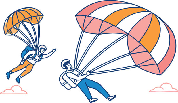 Two paragliders with orange, pink, and white parachutes and small clouds in a flat style on a plain white background