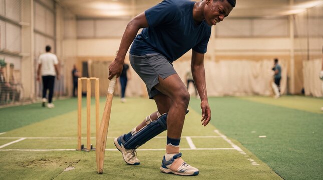 A cricket player grimaces in pain while limping between the wickets during an indoor match