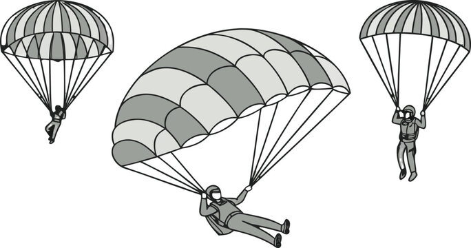 Three skydivers descending with parachutes, illustrated in a grayscale style with clear outlines, set against a plain white background