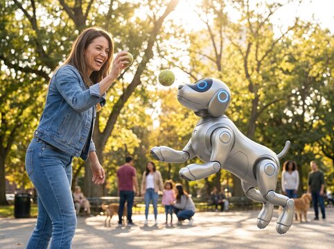 Woman throwing ball for sleek metallic robotic dog with glowing blue eyes