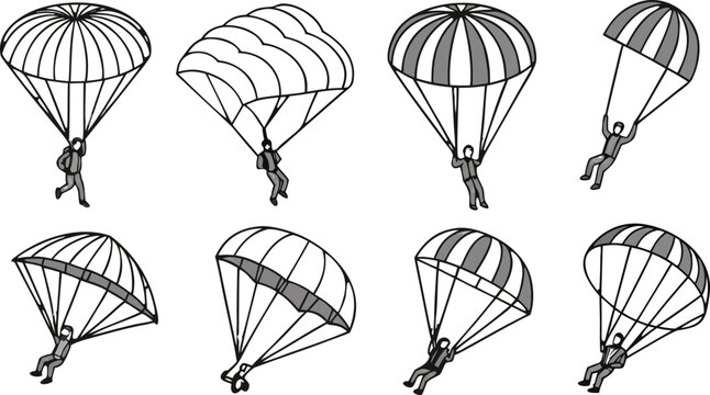 A set of eight different skydivers descending with open parachutes, illustrated in grayscale line style on a plain white background