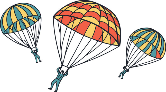 Three skydivers descending with vibrant parachutes, illustrated in a flat style with bold colors on a plain white background