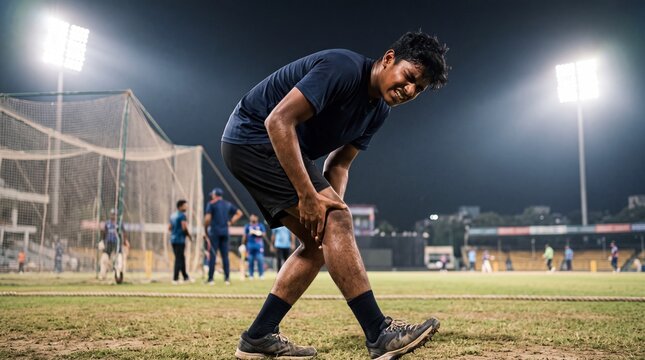 A teenage athlete clutches his knee in pain on a brightly lit sports field at night