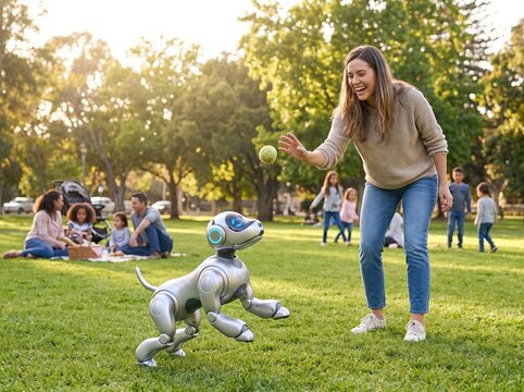 Woman throwing ball for sleek metallic robotic dog with glowing blue eyes