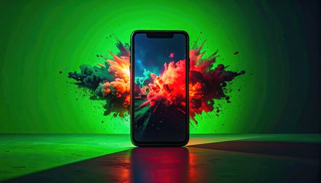 Colorful pigment explosion behind smartphone on green backdrop.