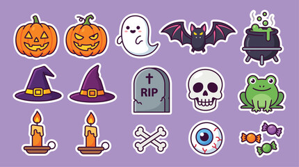 Obraz premium Kawaii Halloween sticker set with 15 vector icons, cute spooky character collection, cartoon pumpkin ghost and bat illustrations for autumn decor