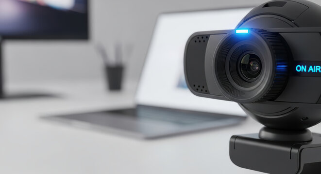 Video camera on desk in blurred home office for remote work productivity and online meeting setup