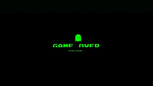 Retro arcade game over screen with pixel ghost animation and neon text
