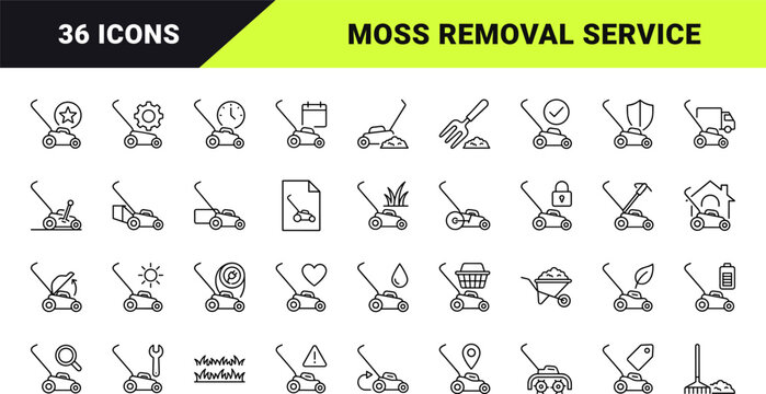 Lawn Scarifier Moss Removal Web Icon Set in Linear Style. Collection of Turf Care line icons, including dethatching, lawn care, moss removal, turf maintenance, equipment rental, garden service.