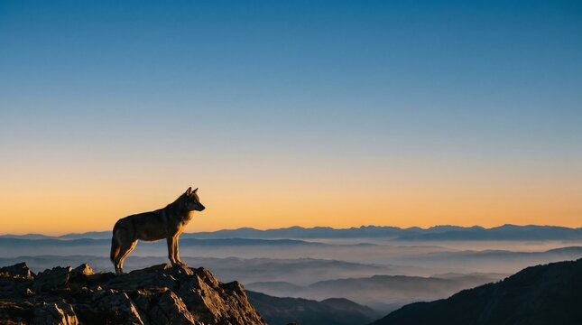 A solitary wolf standing on a rocky mountain peak at sunset