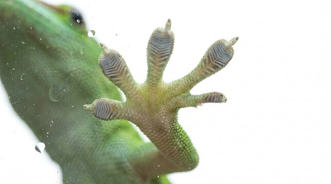 Green gecko foot pressed against clear glass showing toe pads and scales