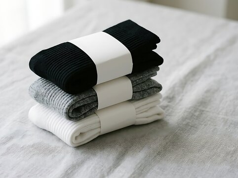 Stack of new folded cotton socks in black grey and white colors with paper packaging labels