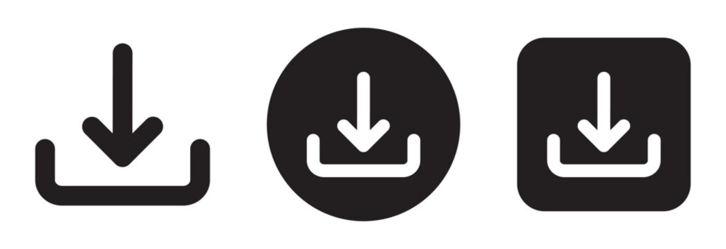 Download icon set with downward arrow and tray symbols in three interface styles. File download icons for websites, apps and digital interfaces.
