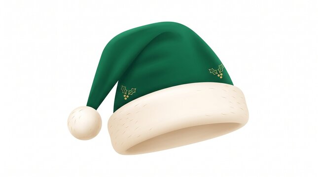 Green santa claus hat with holly berry pattern isolated on white background