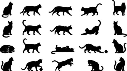 Obraz premium Domestic cat silhouettes set showing black felines sitting, walking, playing, and jumping isolated on white background, ideal for pet animal logo design, decals and graphic crafts