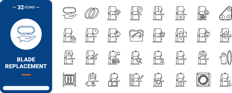 Bandsaw Blade Change Web Icon Set in Linear Style. Collection of Saw Service line icons, including blade replacement, bandsaw maintenance, tension adjustment, machine repair, workshop safety.