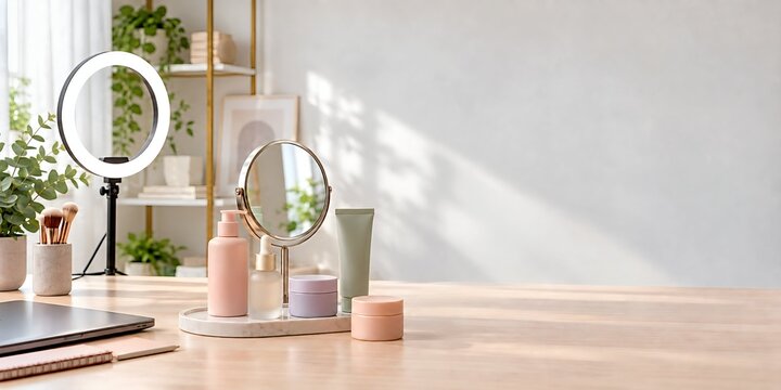 Minimal Beauty Content Creator Workspace with Skincare Products and Ring Light