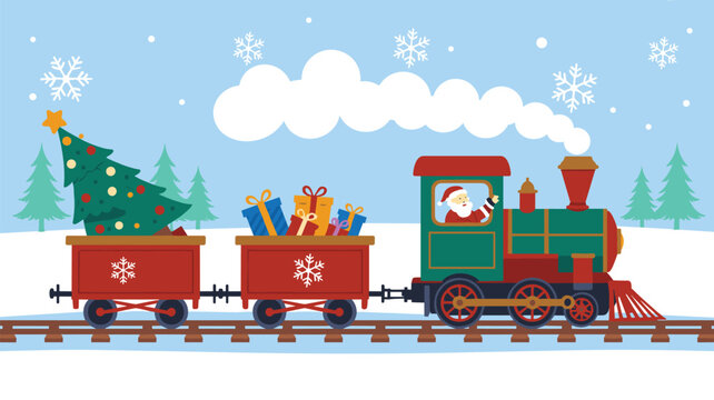 Cartoon illustration of santa claus driving a christmas train carrying a decorated evergreen tree and gift boxes