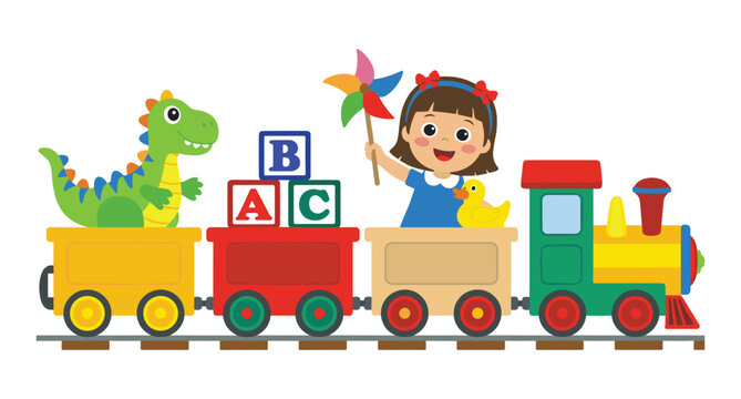 Cartoon illustration of a happy little girl riding a colorful toy train with dinosaur and alphabet blocks