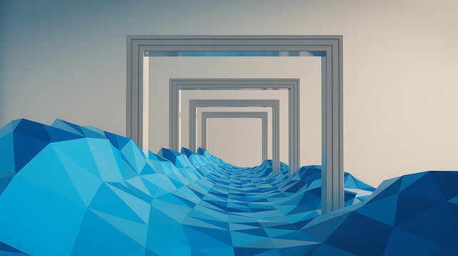 Abstract 3D render featuring a series of receding square frames arranged in a tunnel formation, with a low-poly blue ocean landscape flowing through the center against a soft neutral background