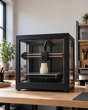 Enclosed desktop 3D printer with a ribbed vase in a workshop