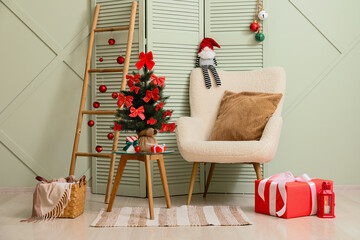 Christmas home interior, holiday season celebration with decorated tree and gifts in cozy living...