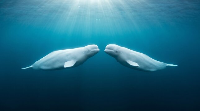 Two white beluga whales swimming together gracefully in the blue ocean