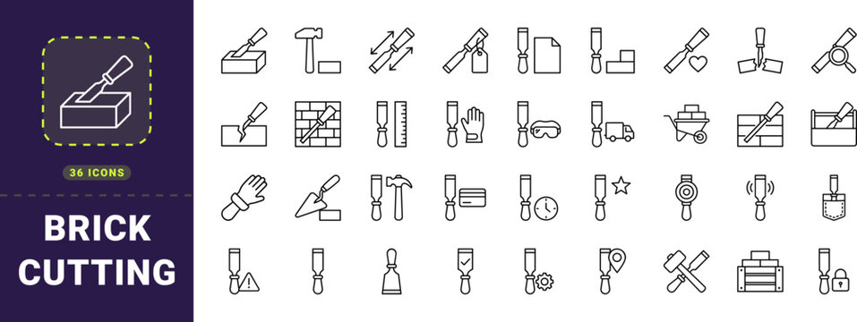 Bolster Chisel Brick Cutting Work Web Icon Set in Linear Style. Collection of bricklaying, masonry tools, wall construction, stone splitting, site safety, equipment line icons, including cutting