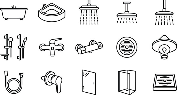 Bathroom Plumbing Fixture Line Icon Collection Featuring Bathtubs, Showerheads, Faucets, Drains, Pipes, Sinks, Shower Enclosures, and Accessories