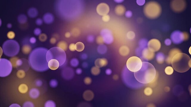Royal purple and gold blurred circles shift through layered parallax with a radiant halo, creating a tranquil luxury-inspired abstract background for video and graphic design.