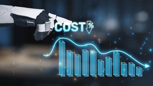 A futuristic robotic hand points at a declining graph, illustrating cost percentage changes in a digital environment, symbolizing analytics and business strategy. Salient
