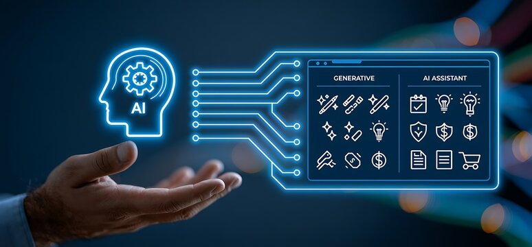AI agent, holographic robot assistant concept, digital interface showing generative AI functions for digital business productivity, AI agent work with holographic robot interface and assistant tools