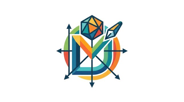 Geometric creative studio logo featuring polyhedron and pen nib