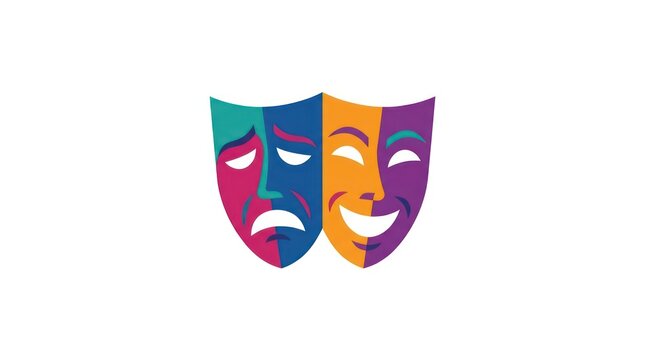 Colorful comedy and tragedy theater masks over a white background