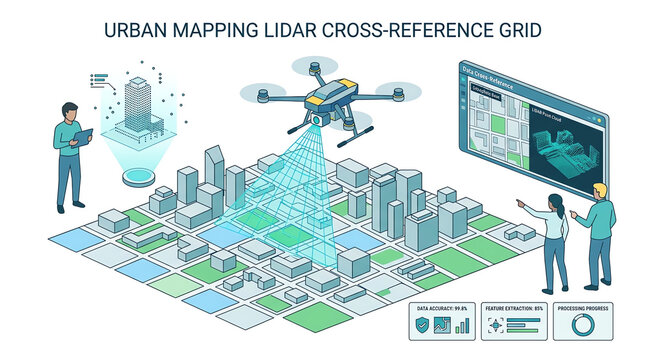 Drone Lidar Urban Mapping and Data Cross Reference Grid Visualization