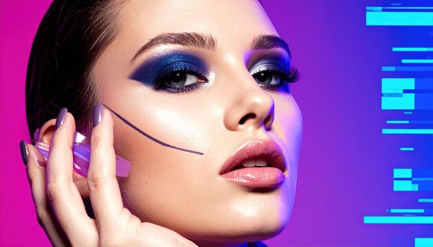 Cyberpunk woman with futuristic blue makeup and glitch effects