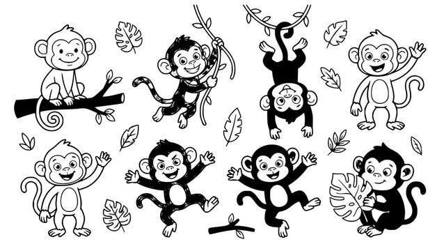 Cute Monkey Cartoon Mascot Set with Jungle Poses Editable Vector Clipart