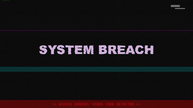 Retro pixel art system breach warning text with digital glitch effects and scanlines, cybersecurity threat analysis and hacking concept