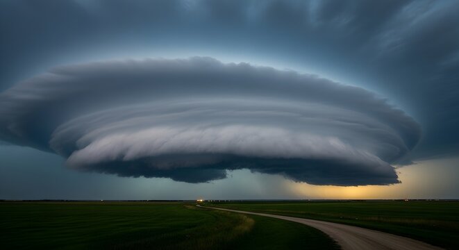 Dramatic Supercell Storm Cloud with massive swirling shelf cloud formation over green rural fields and a winding dirt road at dusk, ideal for weather forecasting and climate change awareness.