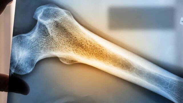 Medical radiograph of long bone and hip anatomy showing osteoporosis research, bone skeleton diagnosis, medical education, clinical imaging insight