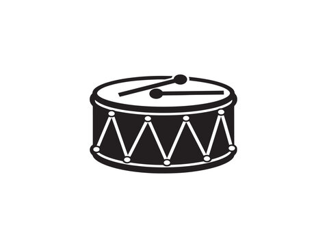 Black and white bass drum icon with drumsticks in a minimalist flat style