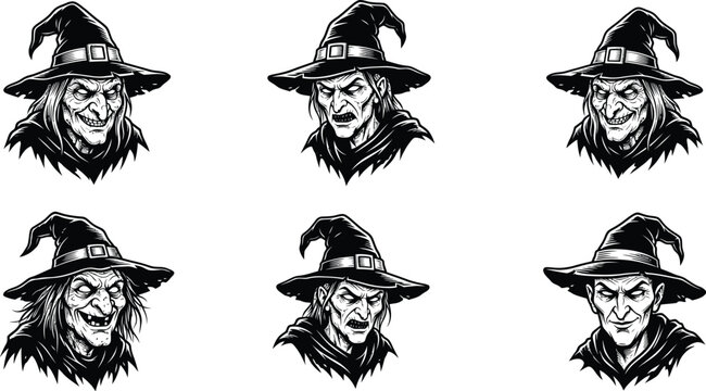 Six evil witch character faces in black style
