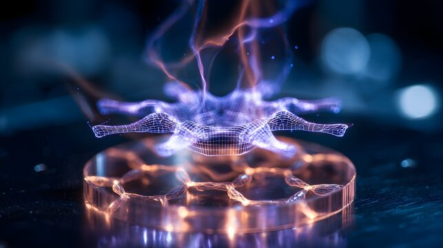 Futuristic Wireframe Energy Core Floating Above Glowing Circular Silicon Carbon Nanotube CNT Battery Anode Base