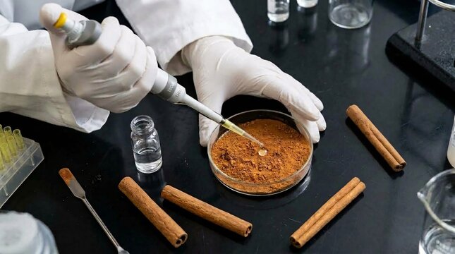High-angle shot of a lab technician using a micropipette to drop a chemical reagent or solvent onto fine cinnamon powder in a Petri dish surrounded by whole cinnamon sticks.