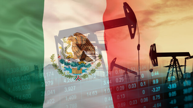 Mexico's petroleum production business growth and onshore oil drilling pump jack infrastructure investment, featuring silhouettes of operating pump jacks units at sunset over financial data 