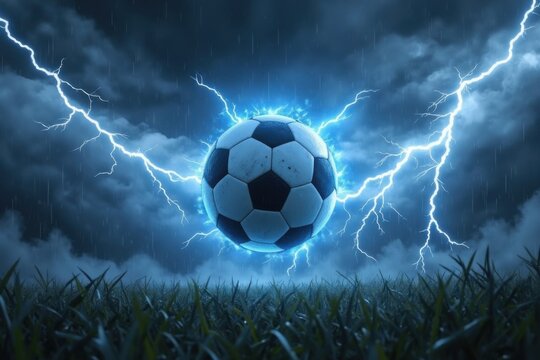 Soccer ball surrounded by bright lightning bolts in a powerful dark storm