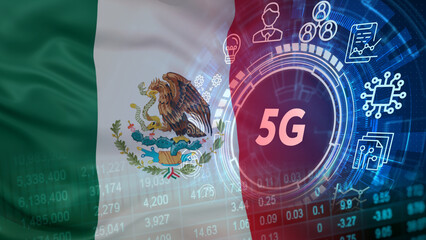 Mexico's telecommunications business growth and 5G network cellular infrastructure investment, featuring a prominent tech graphic "5G" inside an industrial network connectivity interface display © le