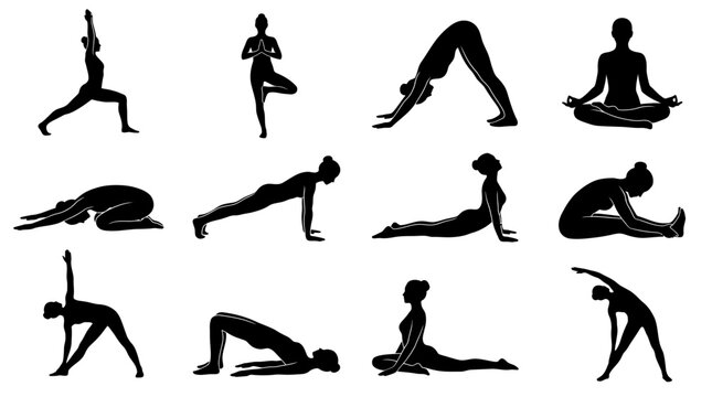 Black silhouette series of yoga poses demonstrating flexibility and balance.