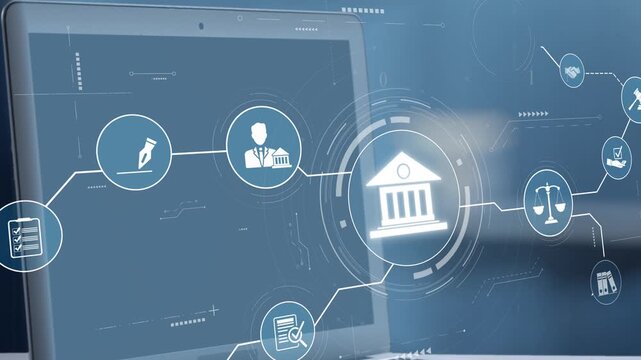 A modern laptop showcases a digital justice system concept with interactive legal icons highlighting technology impact on law and order processes and improvements. Salient