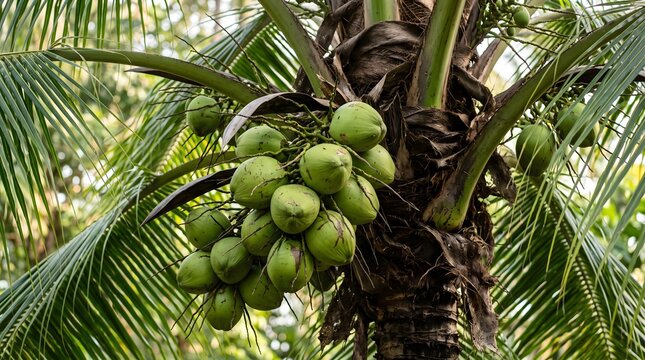 Cluster of green coconuts hangs from a palm tree in a tropical setting